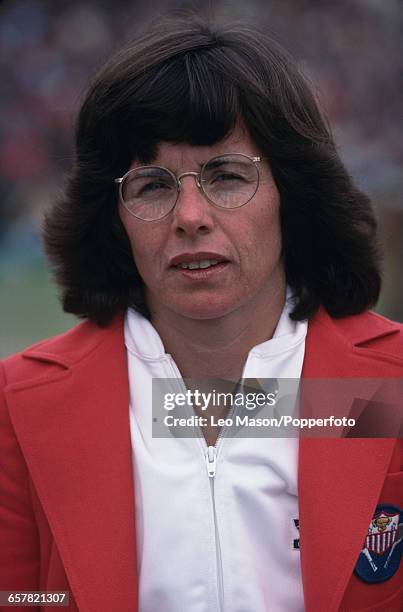 American tennis player Billie Jean King posed during competition in the Federation Cup tennis tournament at Devonshire Park Lawn Tennis Club in...