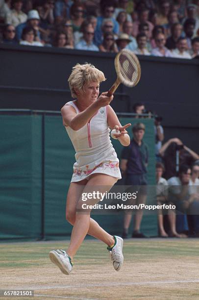 English tennis player Sue Barker pictured in action competing to progress to reach the quarterfinals of the Ladies' Singles tournament at the...