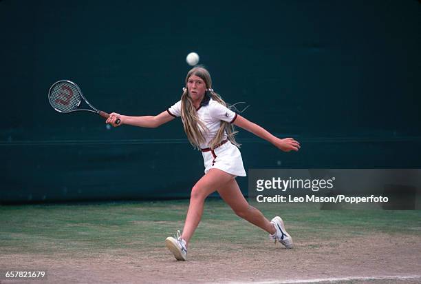American junior tennis player Andrea Jaeger pictured in action competing in the Girls' Singles tournament at the Wimbledon Lawn Tennis Championships...