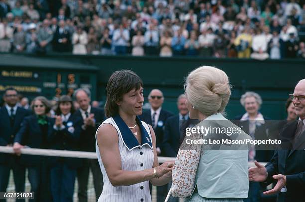 Czech born American tennis player Martina Navratilova pictured shaking hands with Katharine, Duchess of Kent after defeating Chris Evert to win the...