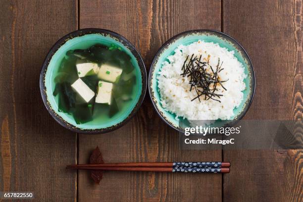 miso soup with rice - miso soup stock pictures, royalty-free photos & images