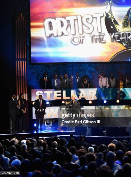 Tamela Mann aceepts the award for "AT&T Artist of the Year" during the 32nd annual Stellar Gospel Music Awards at the Orleans Arena on March 25, 2017...