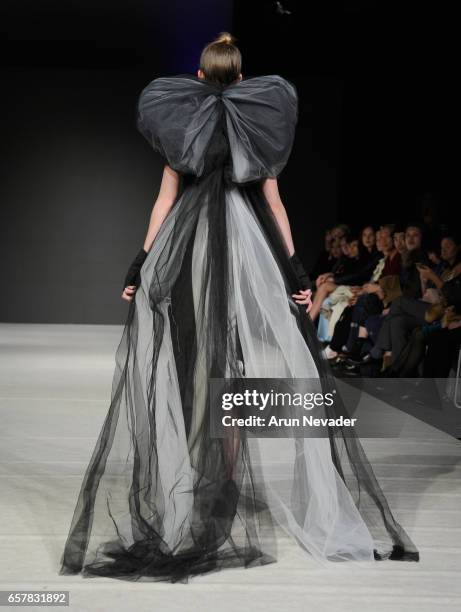 Model walks the runway wearing Jose Hendo at Vancouver Fashion Week Fall/Winter 2017 at Chinese Cultural Centre of Greater Vancouver on March 25,...