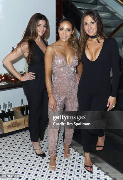 Personality Melissa Gorga and friends Maria Chappa and Jaclyn Ciurciu attend her birthday celebration at Molos on March 25, 2017 in Weehawken, New...