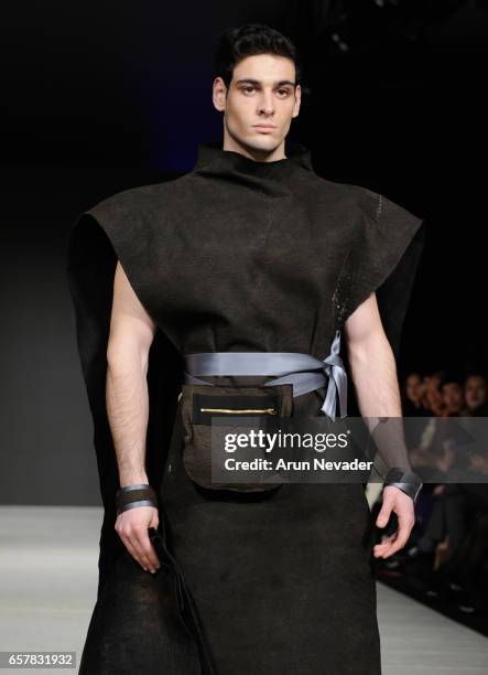 Model walks the runway wearing Jose Hendo at Vancouver Fashion Week Fall/Winter 2017 at Chinese Cultural Centre of Greater Vancouver on March 25,...