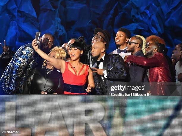 Co-hosts Erica Campbell and Anthony Brown pose for a selfie during the 32nd annual Stellar Gospel Music Awards at the Orleans Arena on March 25, 2017...