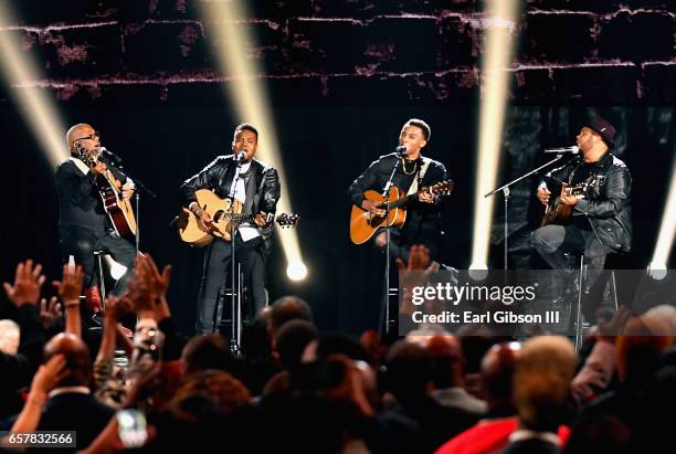 Musicians Jonathan McReynolds, Travis Greene, Jonathan Butler, and Israel Houghton perform during the 32nd annual Stellar Gospel Music Awards at the...