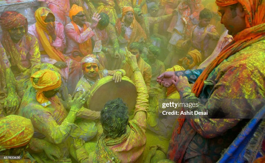 People celebrating the festival of Holi in Barsana.
