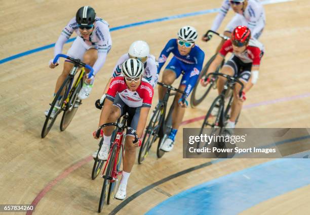 Choi Kwan Lok of the SCAA competes in Men Junior - Omnium IV Points Race 20KM during the 2017 Hong Kong Track Cycling National Championship on March...