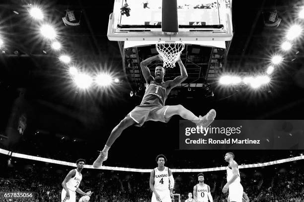 Jordan Bell of the Oregon Ducks dunks the ball in the second half against the Kansas Jayhawks during the 2017 NCAA Men's Basketball Tournament...