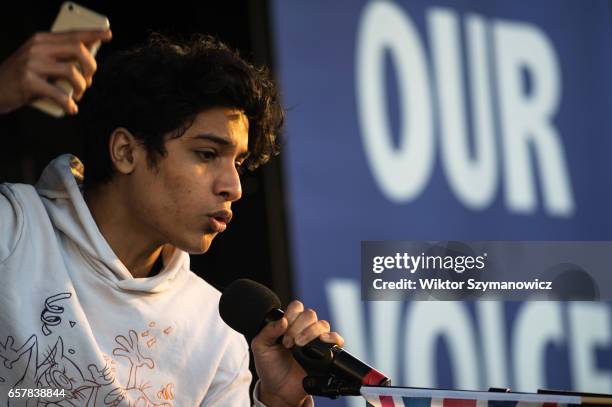 Year-old Ismaeel Yaqoob addresses thousands of pro-EU supporters at Unite For Europe March rally in Parliament Square, which has been organised to...