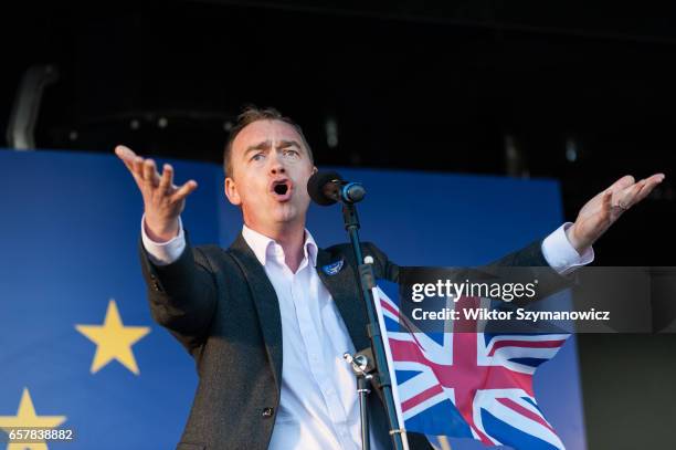 Lib Dem leader Tim Farron addresses thousands of pro-EU supporters at Unite For Europe March rally in Parliament Square, which has been organised to...