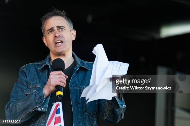 Jonathan Bartley, Green Party co-leader addresses thousands of pro-EU supporters at Unite For Europe March rally in Parliament Square, which has been...