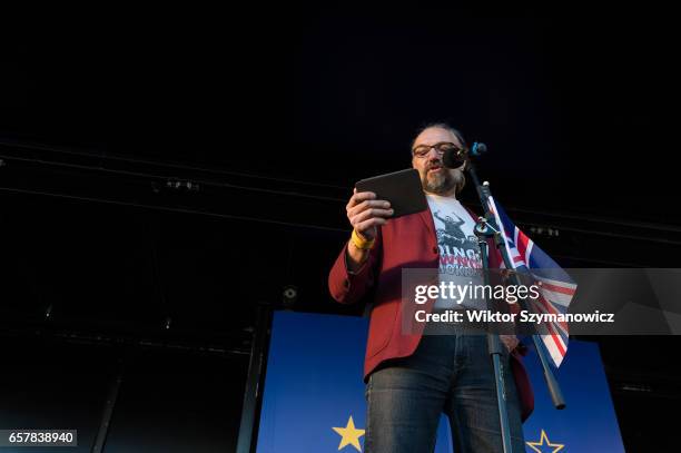 Mateusz Kijowski, leader of Polish organisation Committee for the Defense of Democracy addresses thousands of pro-EU supporters at Unite For Europe...
