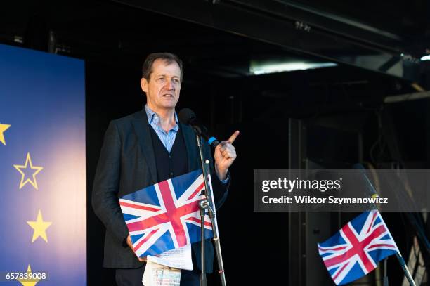 British journalist Alastair Campbell addresses thousands of pro-EU supporters at Unite For Europe March rally in Parliament Square, which has been...