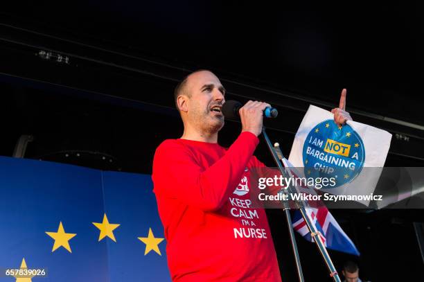 Nurse Joan Pons Laplana addresses thousands of pro-EU supporters at Unite For Europe March rally in Parliament Square, which has been organised to...