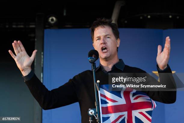 Nick Clegg MP addresses thousands of pro-EU supporters at Unite For Europe March rally in Parliament Square, which has been organised to coincide...