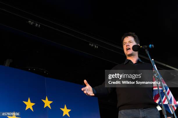 Nick Clegg MP addresses thousands of pro-EU supporters at Unite For Europe March rally in Parliament Square, which has been organised to coincide...