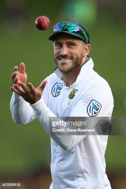 Captain Faf du Plessis of South Africa fielding during day two of the Test match between New Zealand and South Africa at Seddon Park on March 26,...