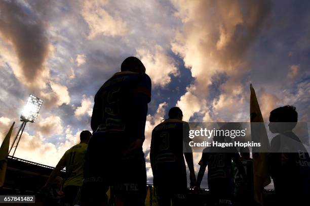 Players take the field during the round 24 A-League match between Wellington Phoenix and Newcastle Jets at Westpac Stadium on March 26, 2017 in...