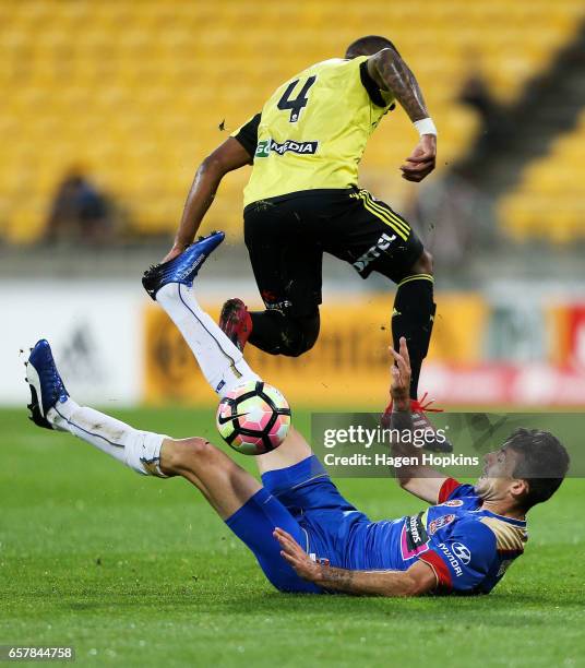 Jason Hoffman of the Jets wins the ball from Roly Bonevacia of the Phoenix during the round 24 A-League match between Wellington Phoenix and...