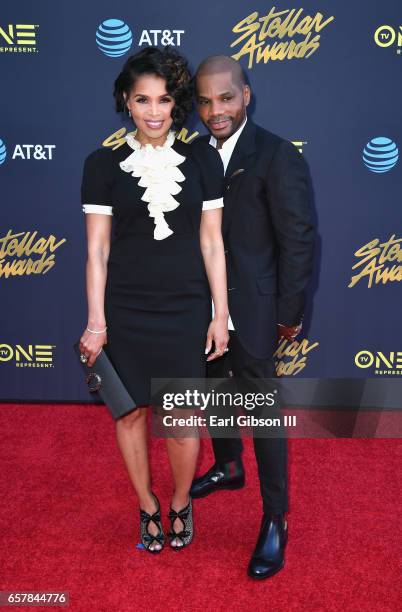 Tammy Collins and Kirk Franklin arrive at the 32nd annual Stellar Gospel Music Awards at the Orleans Arena on March 25, 2017 in Las Vegas, Nevada.