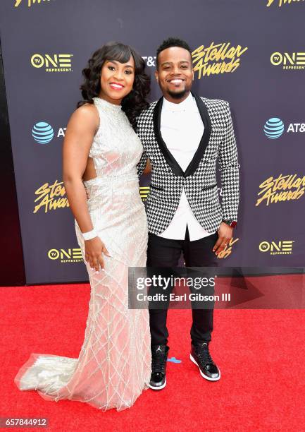 Jacqueline Gyamfi Greene and musician Travis Greene arrive at the 32nd annual Stellar Gospel Music Awards at the Orleans Arena on March 25, 2017 in...