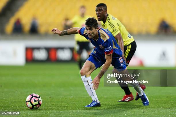 Jason Hoffman of the Jets wins the ball from Roly Bonevacia of the Phoenix during the round 24 A-League match between Wellington Phoenix and...