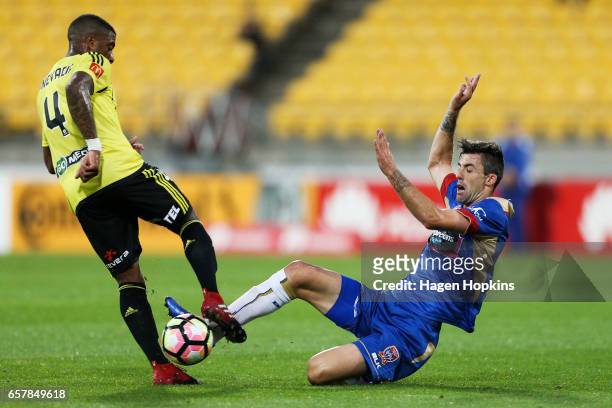 Jason Hoffman of the Jets wins the ball from Roly Bonevacia of the Phoenix during the round 24 A-League match between Wellington Phoenix and...