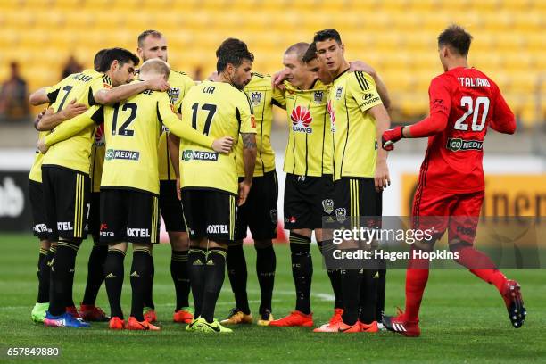 Lewis Italiano of the Phoenix joibns a team huddle during the round 24 A-League match between Wellington Phoenix and Newcastle Jets at Westpac...