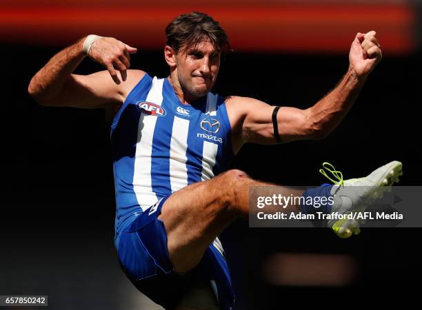 Jarrad Waite of the Kangaroos kicks the ball during the 2017 AFL round 01 match between the North Melbourne Kangaroos and the West Coast Eagles at...