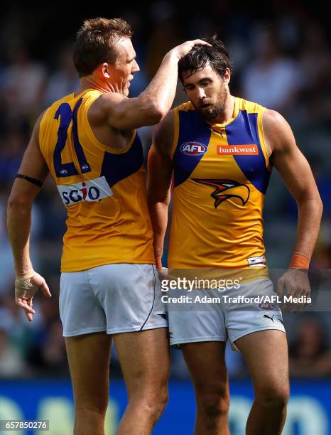 Drew Petrie of the Eagles congratulates Josh Kennedy of the Eagles on a goal during the 2017 AFL round 01 match between the North Melbourne Kangaroos...