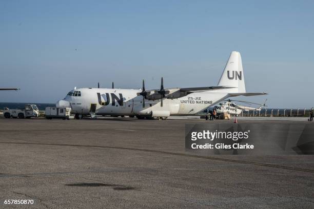 March 2017: A United Nations C-130 World Food Program cargo place on the tarmac in Mogadishu. Somalia is in the grip of an intense drought, induced...