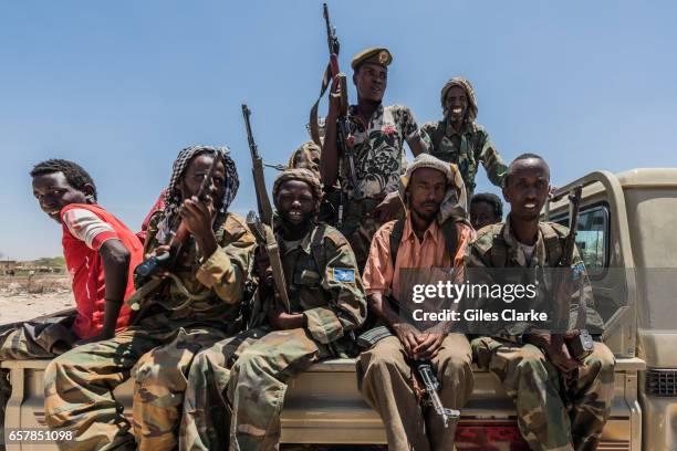 March 8, 2017: A local militia group who provide security and safe access for humanitarian aid workers in Wajid, Bakool. Somalia is in the grip of an...