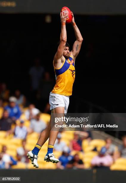 Josh Kennedy of the Eagles marks the ball during the 2017 AFL round 01 match between the North Melbourne Kangaroos and the West Coast Eagles at...