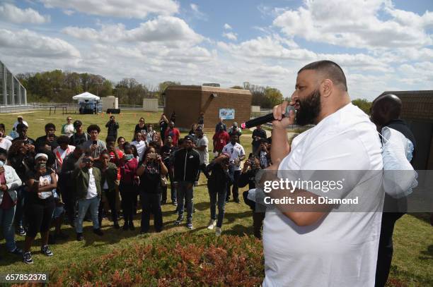 Khaled and young adults attend Champs Sports x DJ Khaled Game On Air Event In Atlanta at Maynard H. Jackson High School on March 25, 2017 in Atlanta,...