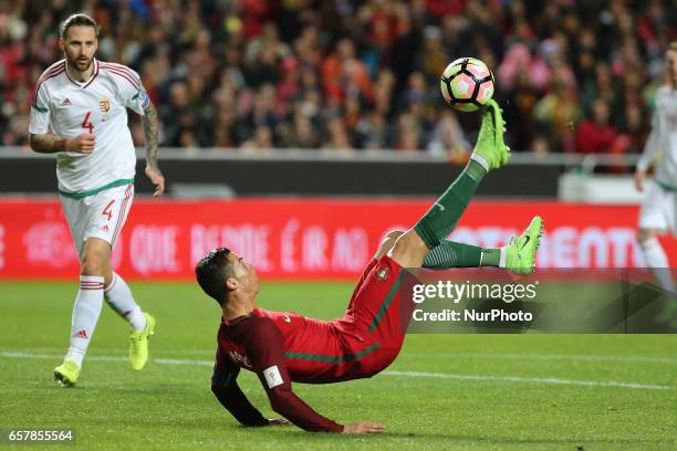 Portugals forward Cristiano Ronaldo bicycle kick during Portugal v Hungary - FIFA 2018 World Cup Qualifier at Estadio da Luz on March 25, 2017 in...