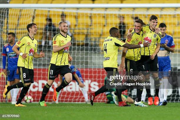 To R, Alex Rodriguez, Dylan Fox, Roly Bonevacia, Dylan Fox and Matthew Ridenton of the Phoenix celebrate Ridenton's goal during the round 24 A-League...