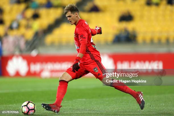 Lewis Italiano of the Phoenix takes a goal kick during the round 24 A-League match between Wellington Phoenix and Newcastle Jets at Westpac Stadium...