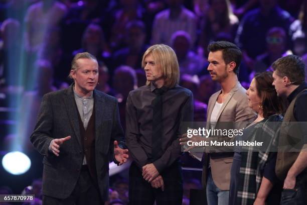 Joey Kelly, John Kelly, Kathy Kelly and Jimmy Kelly of the band 'The Kelly Family' and german moderator Florian Silbereisen during the show...