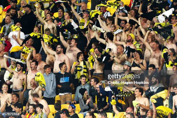 Phoenix fans show their support during the round 24 A-League match between Wellington Phoenix and Newcastle Jets at Westpac Stadium on March 26, 2017...