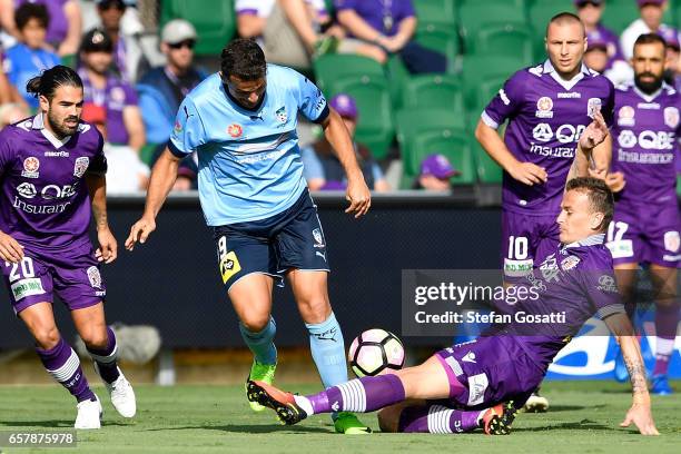 Lucian Goian of the Glory attacks the ball during the round 24 A-League match between Perth Glory and Sydney FC at nib Stadium on March 26, 2017 in...