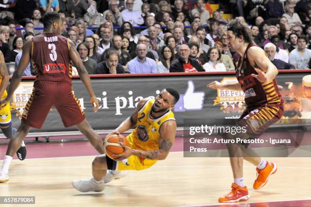 Chris Whright of Fiat competes with Melvin Ejim and Ariel Filloy of Umana during the LegaBasket LBA of Serie A1 match between Reyer Umana Venezia and...