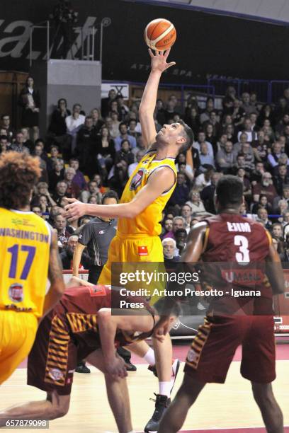 Gino Cuccarolo of Fiat competes with Tomas Ress and Melvin Ejim of Umana during the LegaBasket LBA of Serie A1 match between Reyer Umana Venezia and...