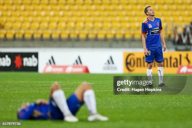 Andrew Nabbout and Morten Nordstrand of the Jets show their disapppointment after the final whistle during the round 24 A-League match between...