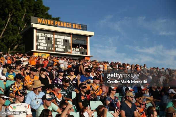 General view of the crowd during the round four NRL match between the Wests Tigers and the Melbourne Storm at Leichhardt Oval on March 26, 2017 in...