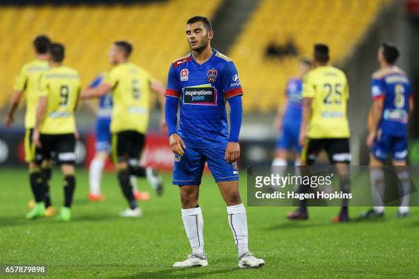 Andrew Nabbout of the Jets looks dejected after a Phoenix goal during the round 24 A-League match between Wellington Phoenix and Newcastle Jets at...