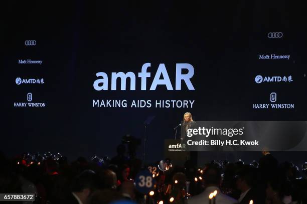 Charlize Theron speaks during the amfAR Hong Kong Gala 2017 at Shaw Studios on March 25, 2017 in Hong Kong, Hong Kong.