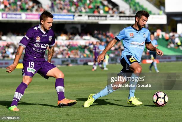 Michael Zullo of Sydney FC looks to pass the ball during the round 24 A-League match between Perth Glory and Sydney FC at nib Stadium on March 26,...