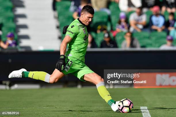 Liam Reddy of the Glory kicks out during the round 24 A-League match between Perth Glory and Sydney FC at nib Stadium on March 26, 2017 in Perth,...